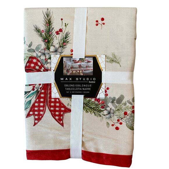 Max Studio Christmas Red Bows & Holly Holiday Tablecloth Oblong 60x120 New - Picture 1 of 16